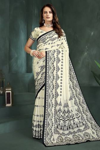 White or foil premium printed saree with blouse