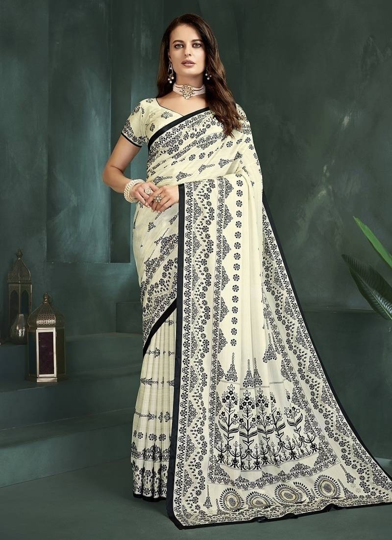 White or foil  printed saree with blouse