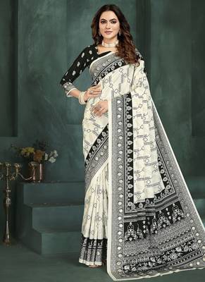 White or foil  printed saree with blouse 1