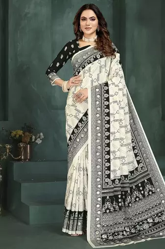 White or foil premium printed saree with blouse