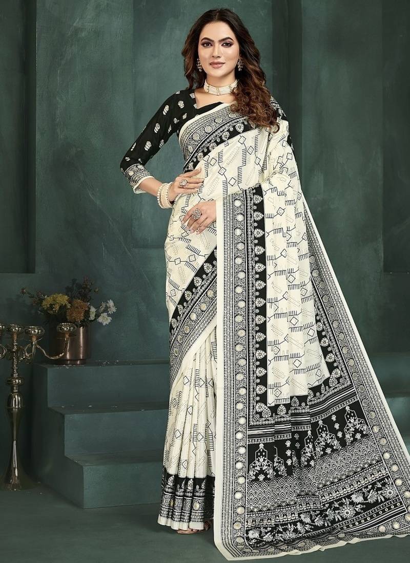 White or foil  printed saree with blouse
