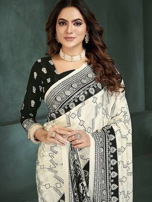 White or foil  printed saree with blouse 3