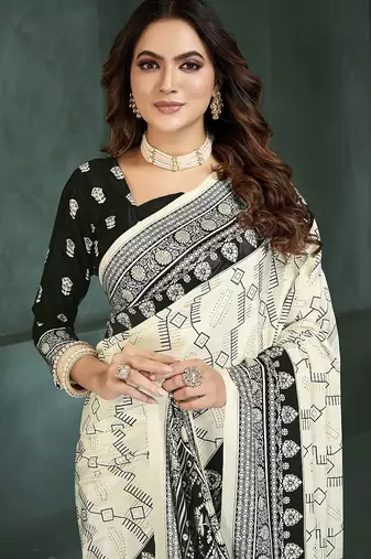 White or foil  printed saree with blouse
