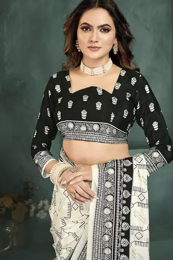 White or foil  printed saree with blouse