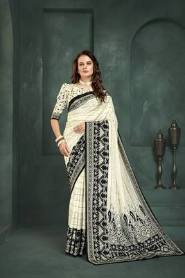 White or foil  printed saree with blouse 1