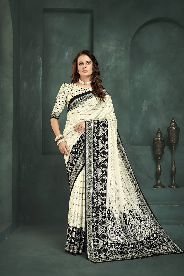 White or foil  printed saree with blouse