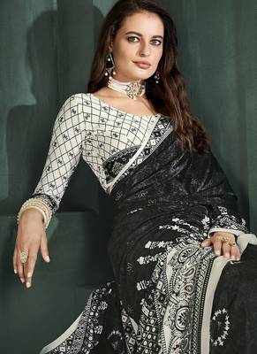 Black or foil  printed saree with blouse 3