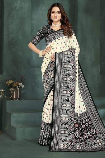 White or foil premium printed saree with blouse