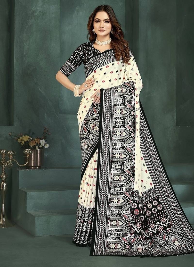White or foil premium printed saree with blouse