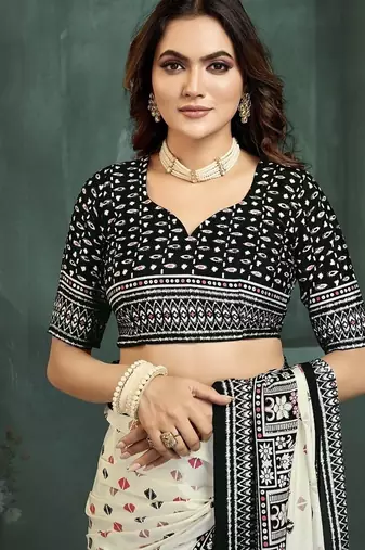 White or foil  printed saree with blouse