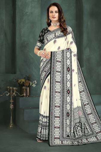 White or foil premium printed saree with blouse