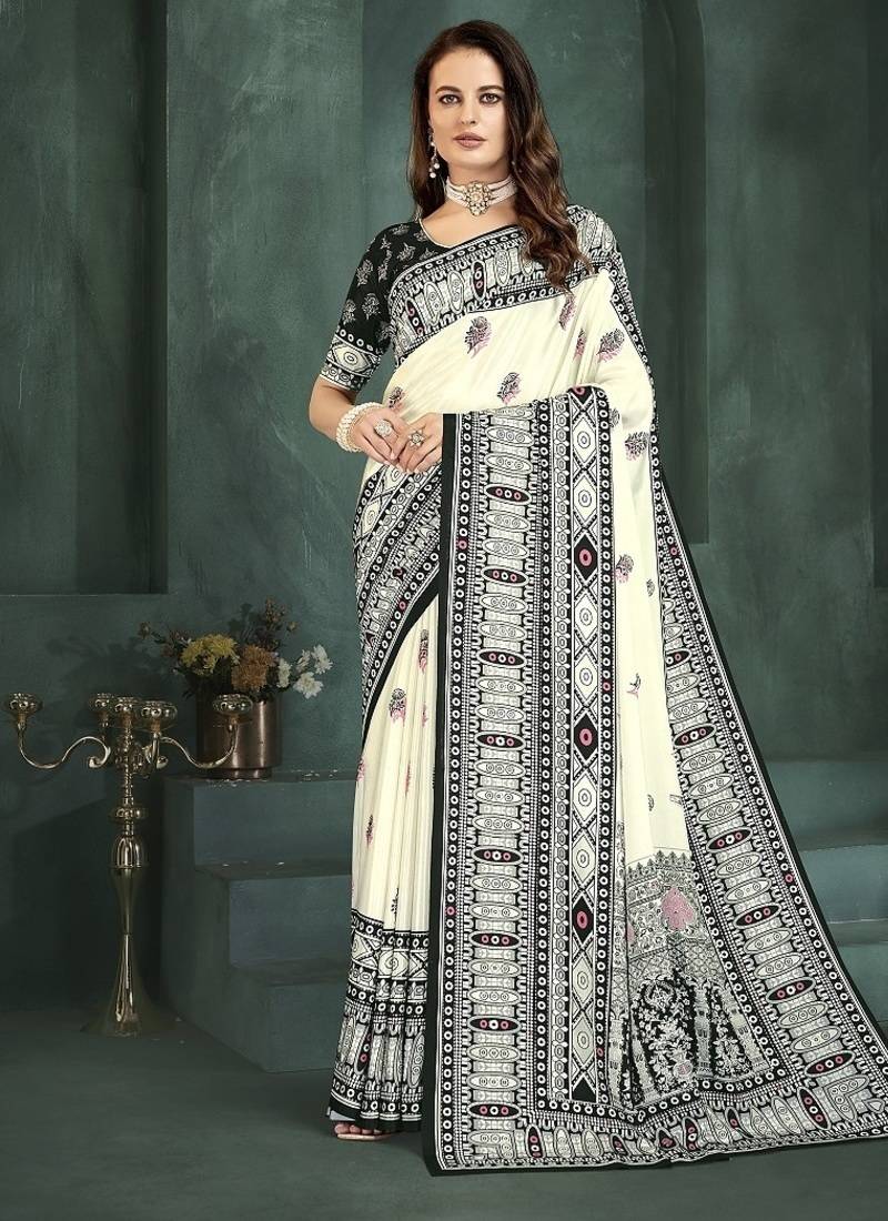 White or foil premium printed saree with blouse