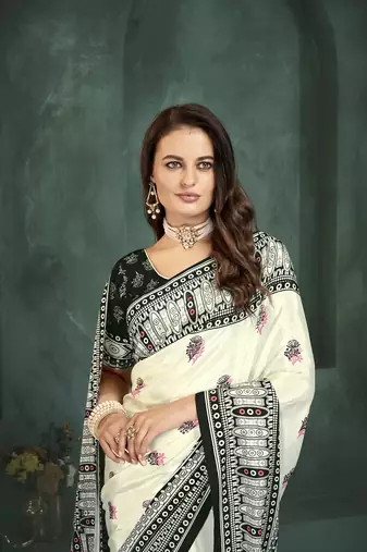 White or foil  printed saree with blouse