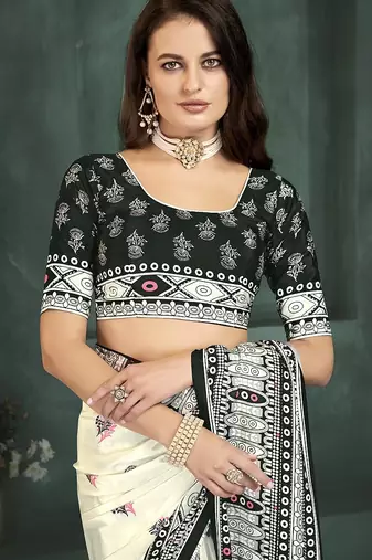 White or foil  printed saree with blouse