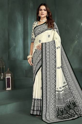 White or foil premium printed saree with blouse