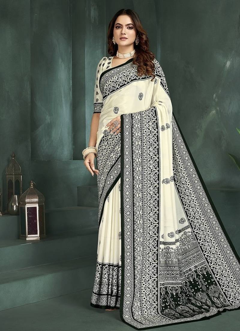 White or foil premium printed saree with blouse