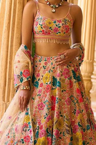 	Multicolor Thread And Sequins Embroidered Georgette Lehenga Dress