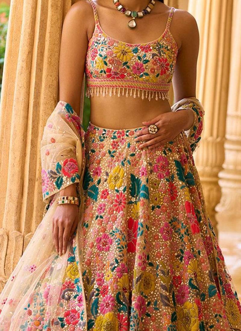 	Multicolor Thread And Sequins Embroidered Georgette Lehenga Dress