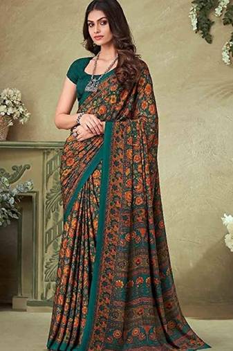 Dark Green,Mustard Floral Crepe Silk Printed Saree,Sari Comes With Blouse