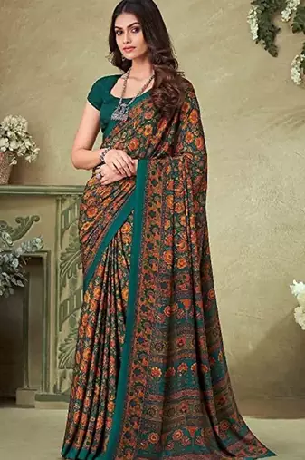 Dark Green,Mustard Floral Crepe Silk Printed Saree,Sari Comes With Blouse