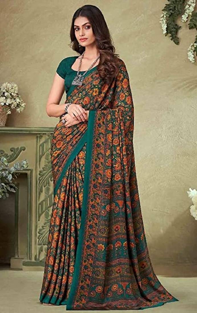 Dark Green,Mustard Floral Crepe Silk Printed Saree,Sari Comes With Blouse