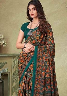 Dark Green,Mustard Floral Crepe Silk Printed Saree,Sari Comes With Blouse 2