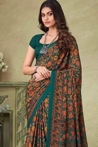 Dark Green,Mustard Floral Crepe Silk Printed Saree,Sari Comes With Blouse