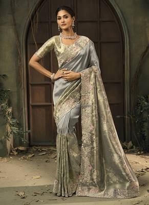 Grey silk blend saree with embroidered zari work 1