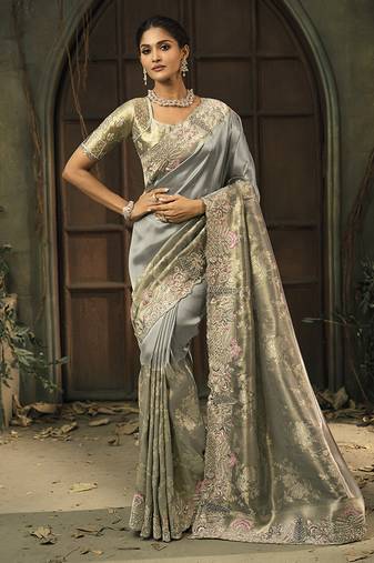 Grey silk blend saree with embroidered jari and cut-dana work