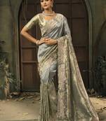 Grey silk blend saree with embroidered jari and cut-dana work