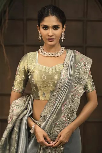 Grey silk blend saree with embroidered zari work