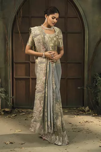 Grey silk blend saree with embroidered zari work