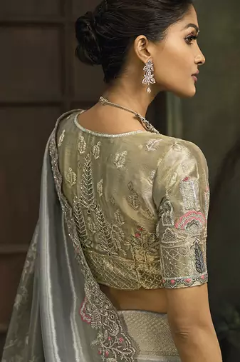 Grey silk blend saree with embroidered zari work
