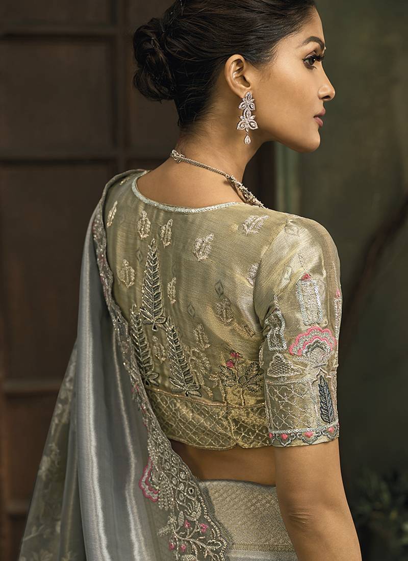 Grey silk blend saree with embroidered jari and cut-dana work