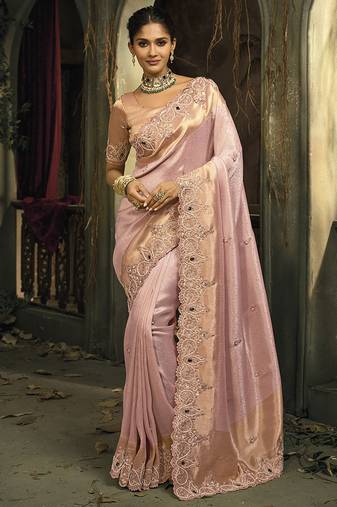 Light pink silk blend saree with embroidered jari and cut-dana work