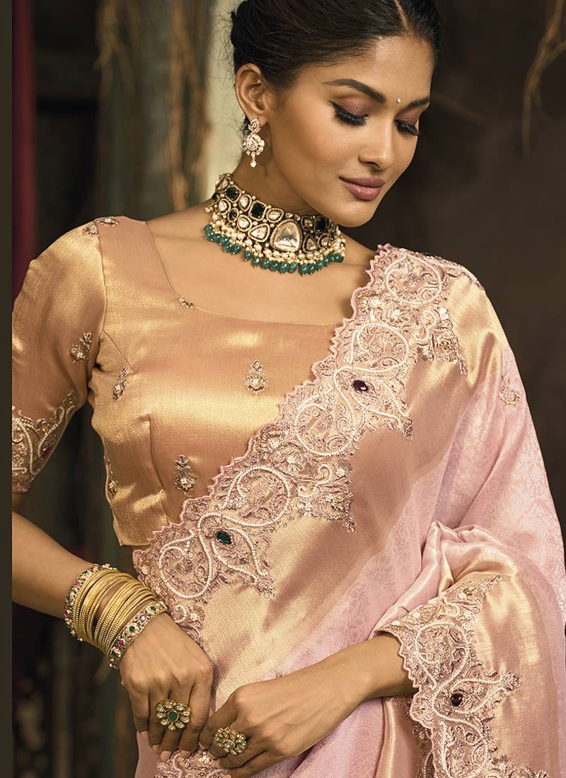Light pink silk blend saree with embroidered jari and cut-dana work
