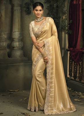 Beige silk blend saree with embroidered zari work 1