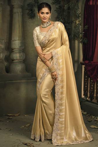 Beige silk blend saree with embroidered jari and cut-dana work
