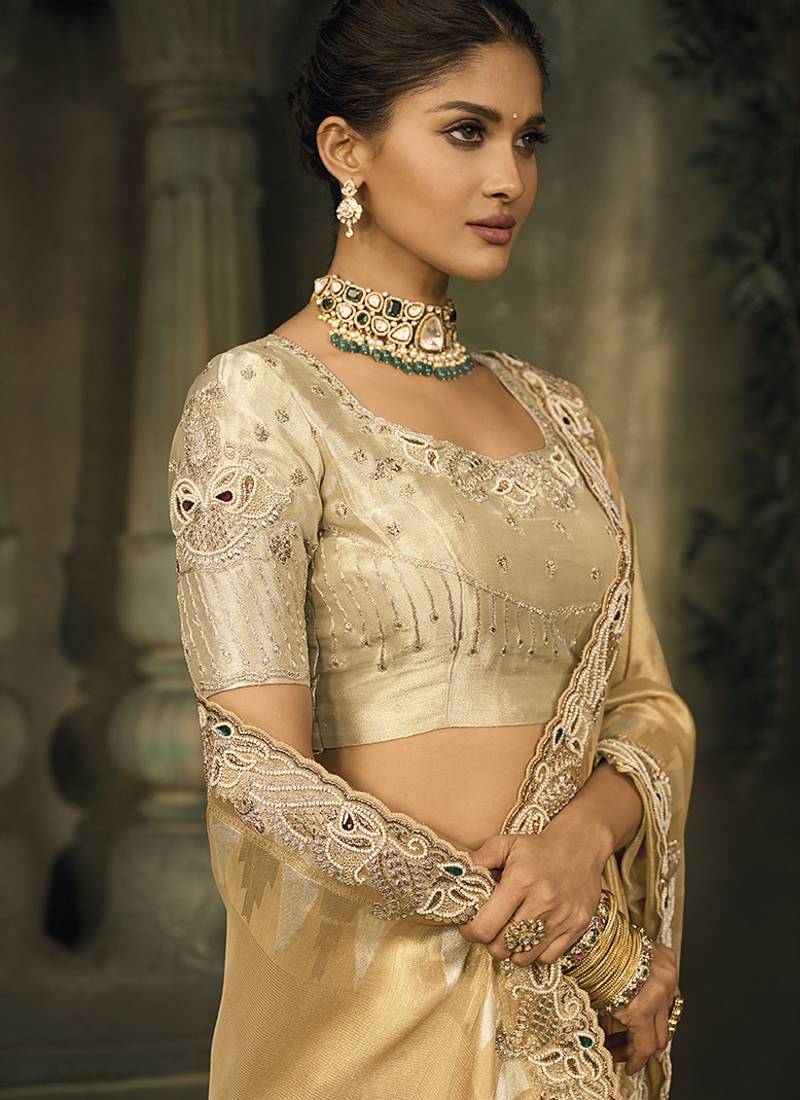 Beige silk blend saree with embroidered jari and cut-dana work