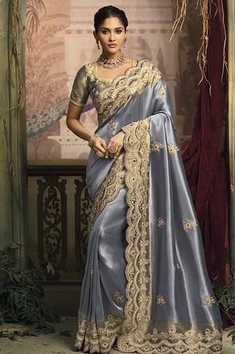Slate grey silk blend saree with embroidered jari and cut-dana work