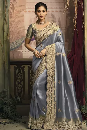 Slate grey silk blend saree with embroidered jari and cut-dana work