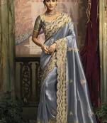Slate grey silk blend saree with embroidered jari and cut-dana work