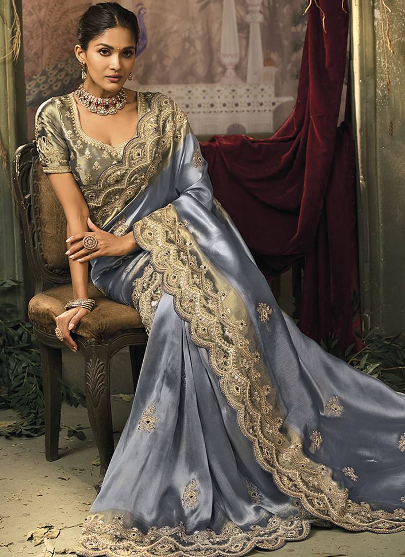 Slate grey silk blend saree with embroidered jari and cut-dana work