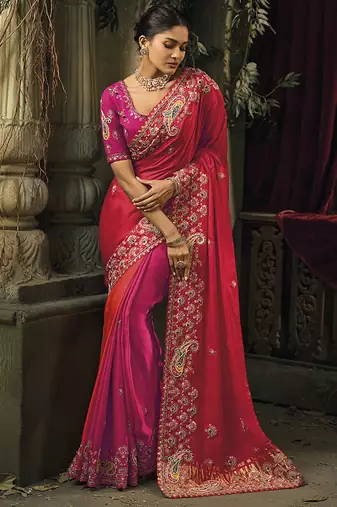 Rani pink & red silk blend saree with embroidered jari and cut-dana work