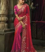 Rani pink & red silk blend saree with embroidered jari and cut-dana work