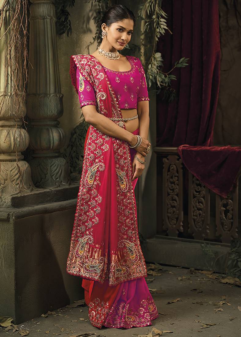 Rani pink & red silk blend saree with embroidered jari and cut-dana work