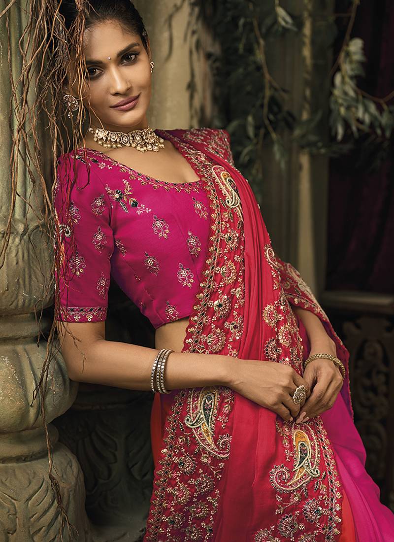Rani pink & red silk blend saree with embroidered jari and cut-dana work