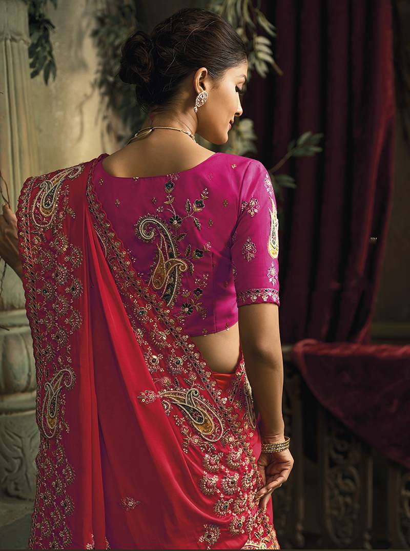 Rani pink & red silk blend saree with embroidered jari and cut-dana work