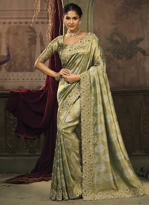 Olive green silk blend saree with embroidered zari work 1