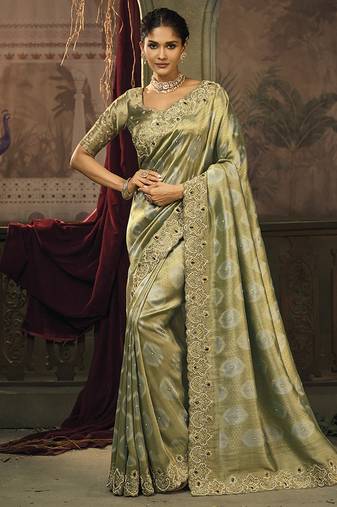 Olive green silk blend saree with embroidered jari and cut-dana work